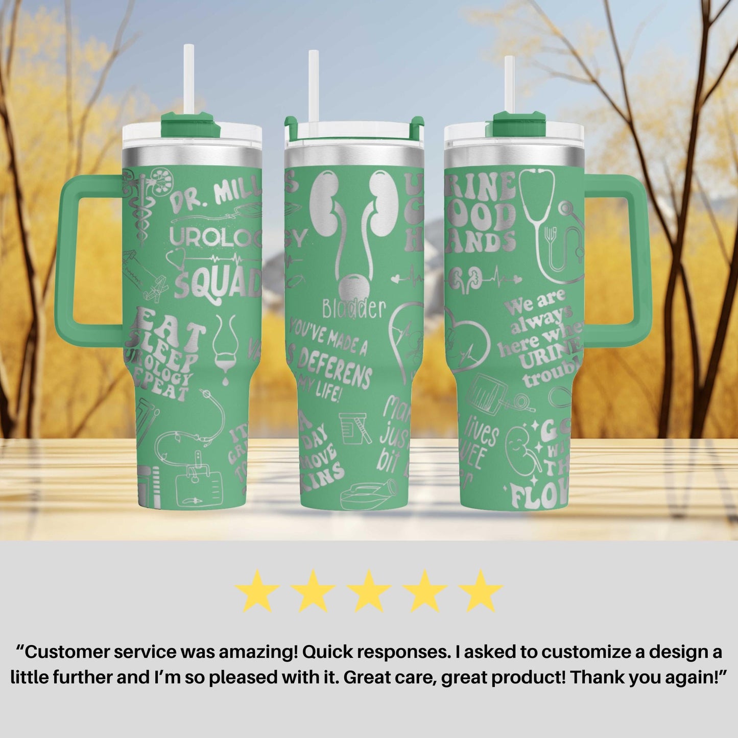 three green travel mugs sitting on top of a table