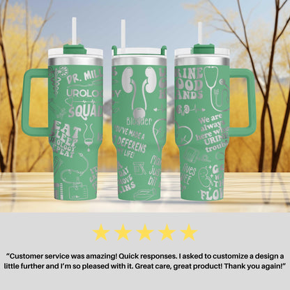 three green travel mugs sitting on top of a table