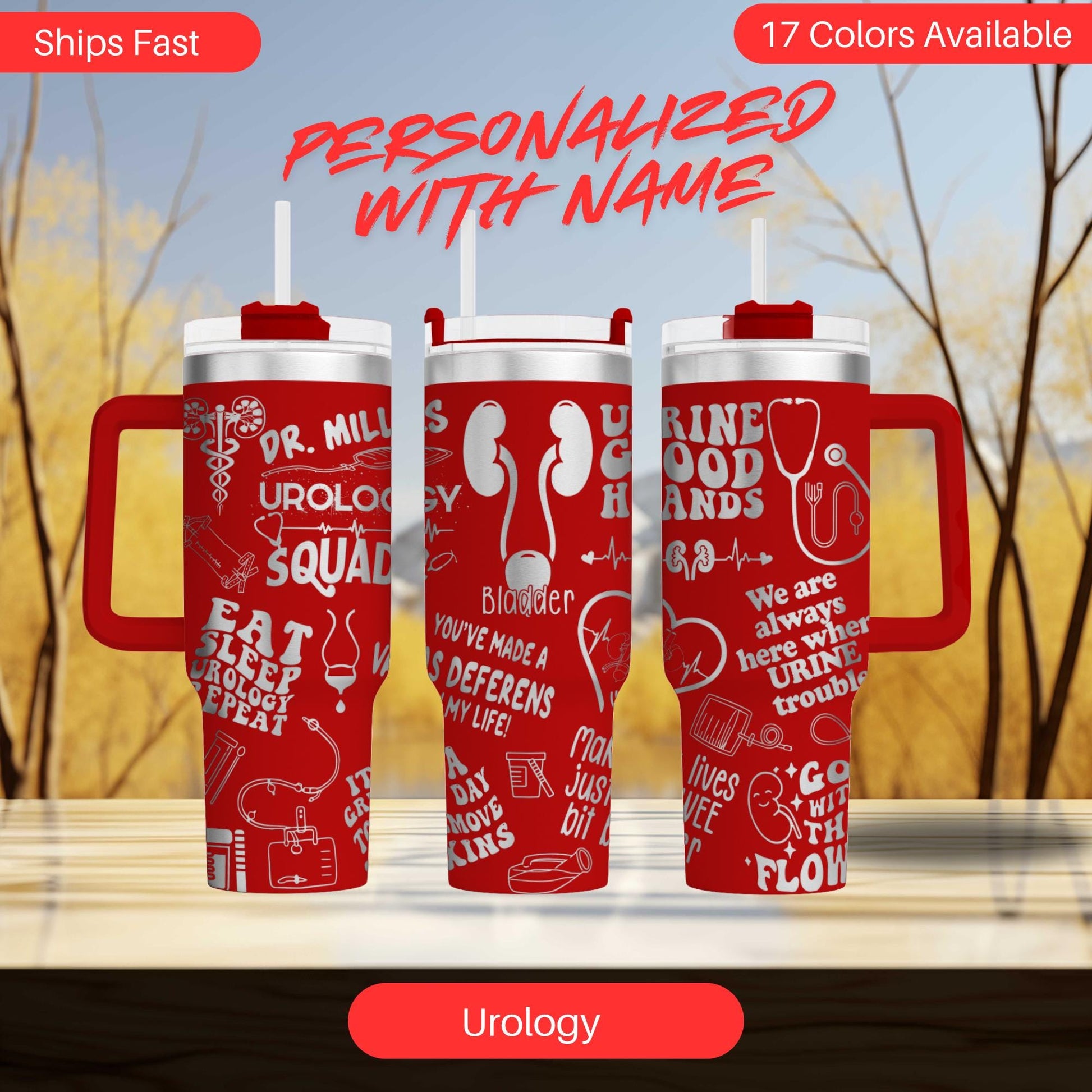 three red travel mugs sitting on top of a table