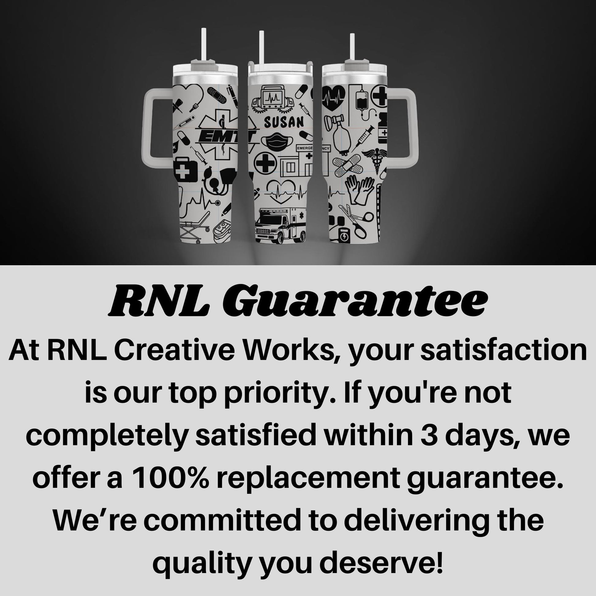a black and white photo of two mugs with the words rni guarantee