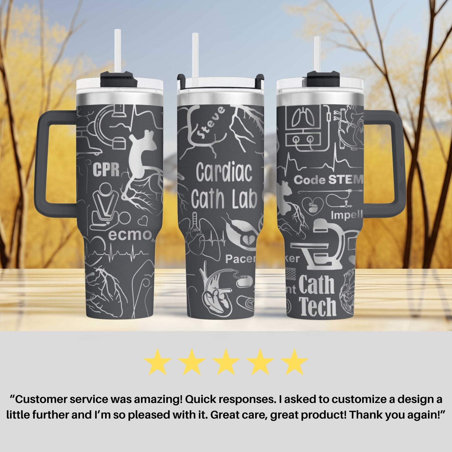 three travel mugs sitting on top of a table