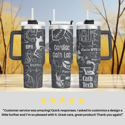 three travel mugs sitting on top of a table