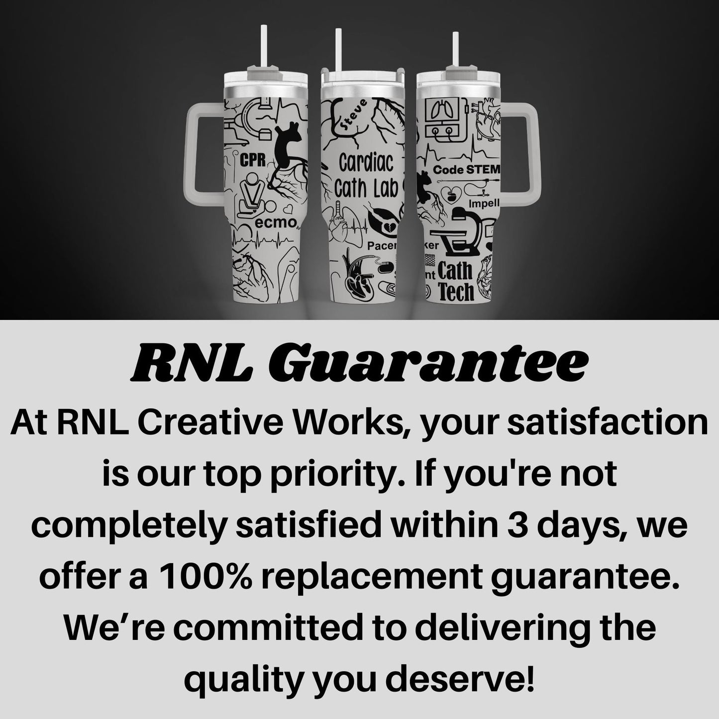 a black and white photo with a caption that reads rnl guarantee at creative