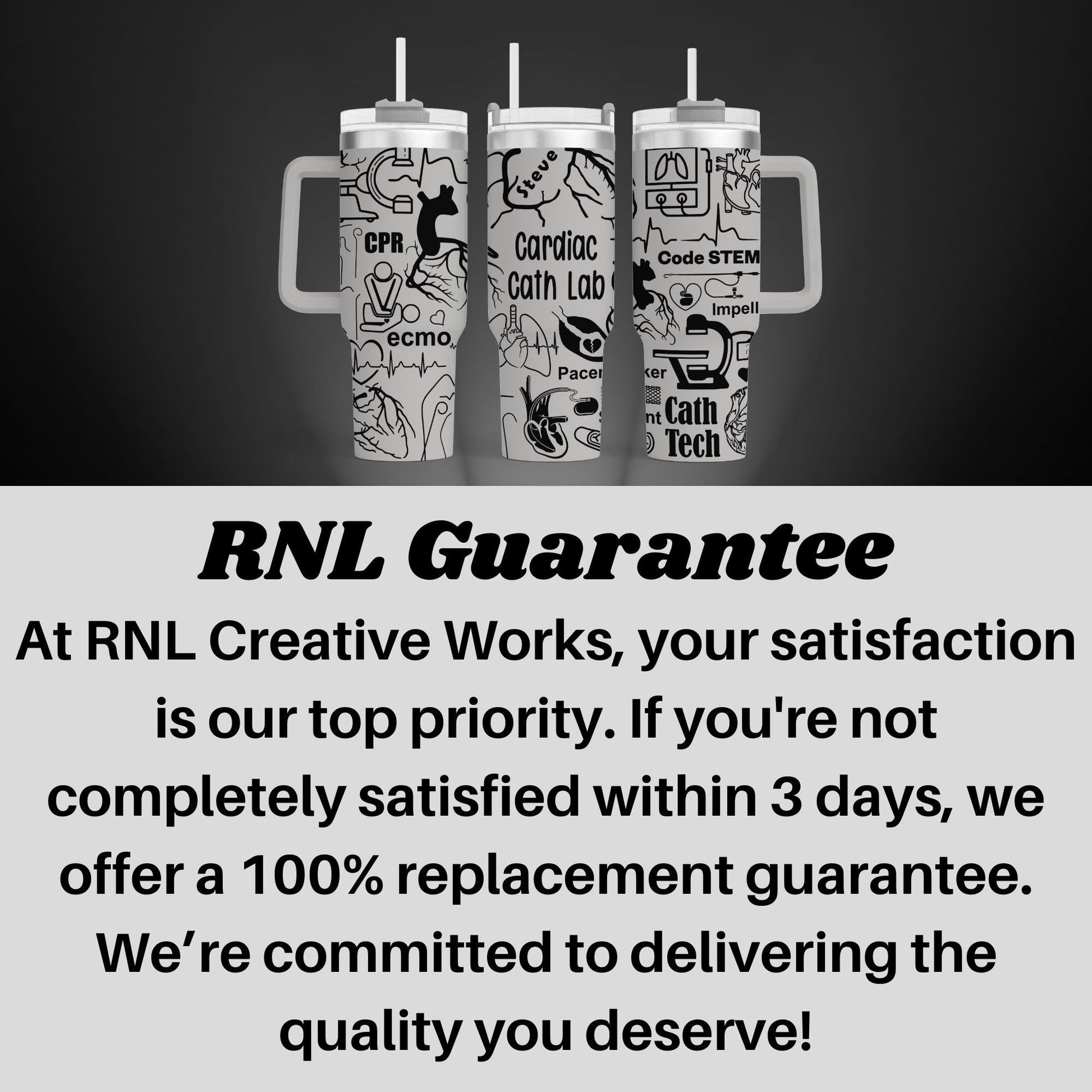 a black and white photo with a caption that reads rnl guarantee at creative