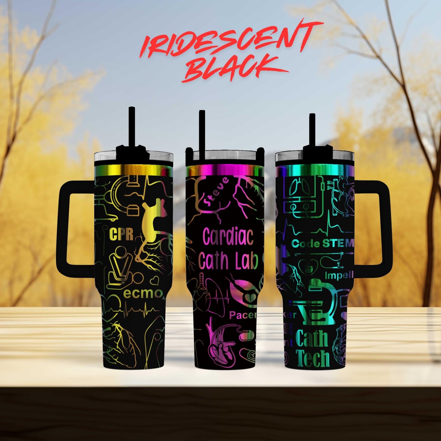 three different colored tumblers sitting on top of a table