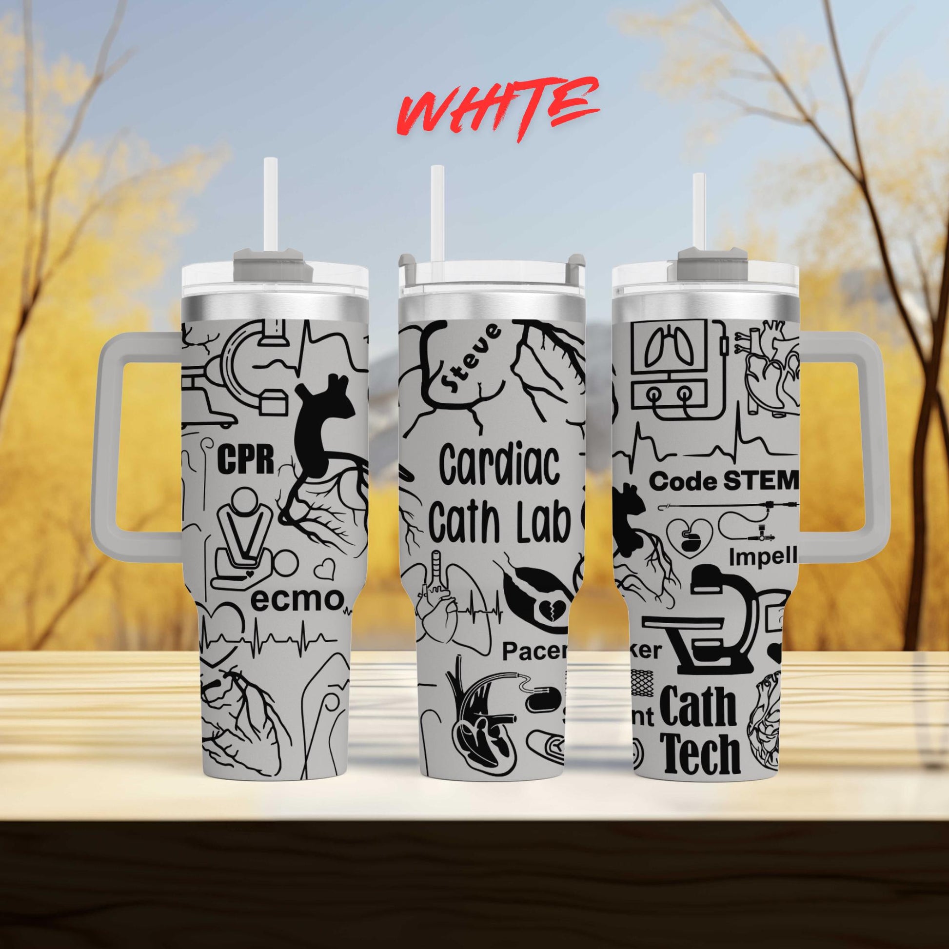 three travel mugs sitting on top of a wooden table