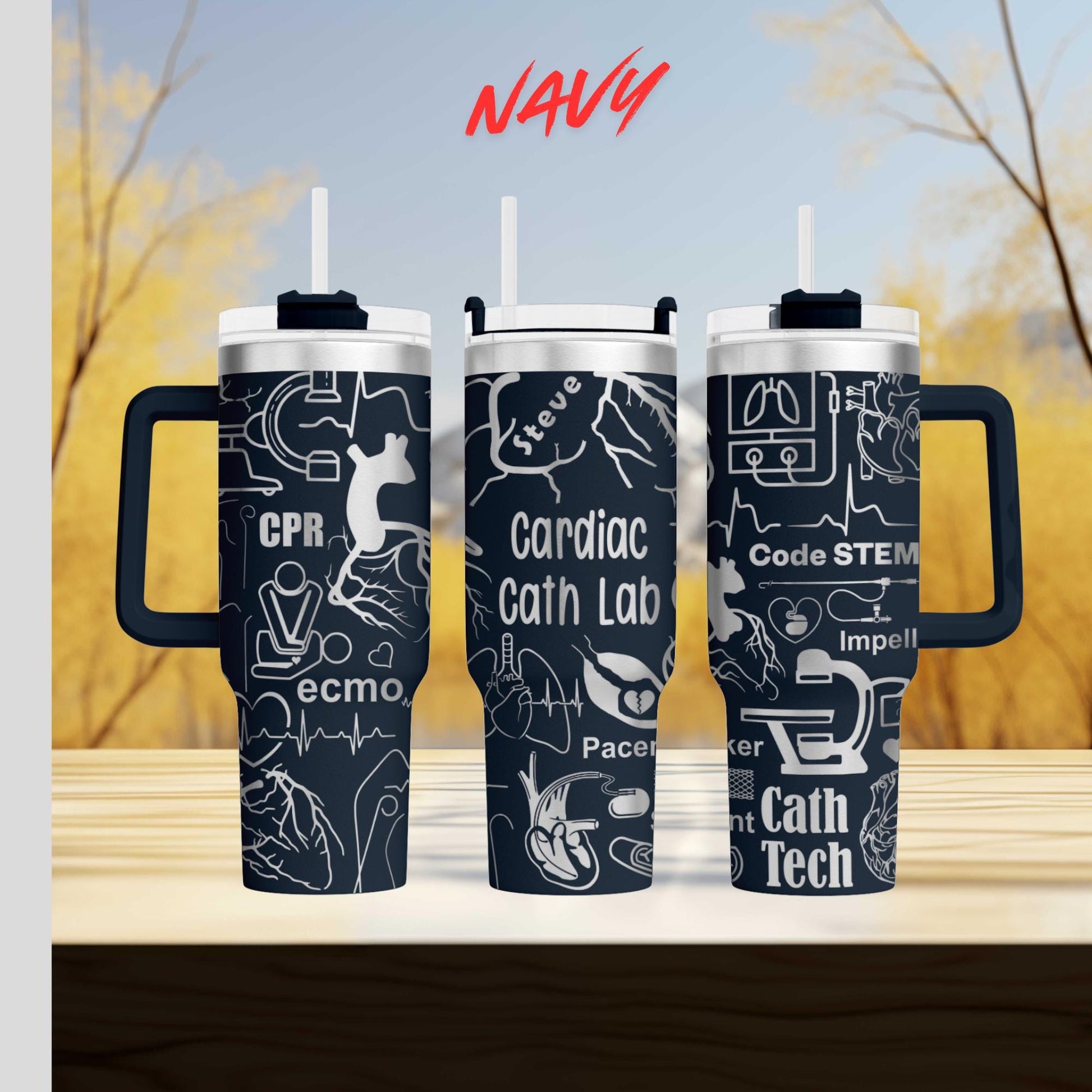 three travel mugs sitting on top of a wooden table