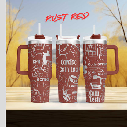 three red travel mugs sitting on top of a wooden table