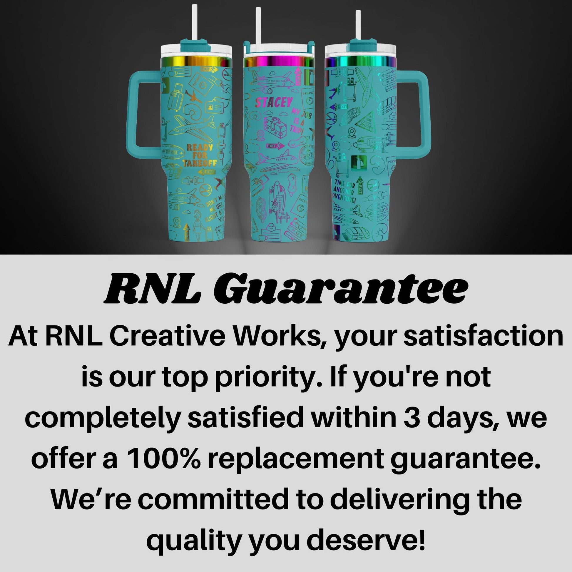 three turquoise-colored tumblers with straws, arranged in a row against a dark background.