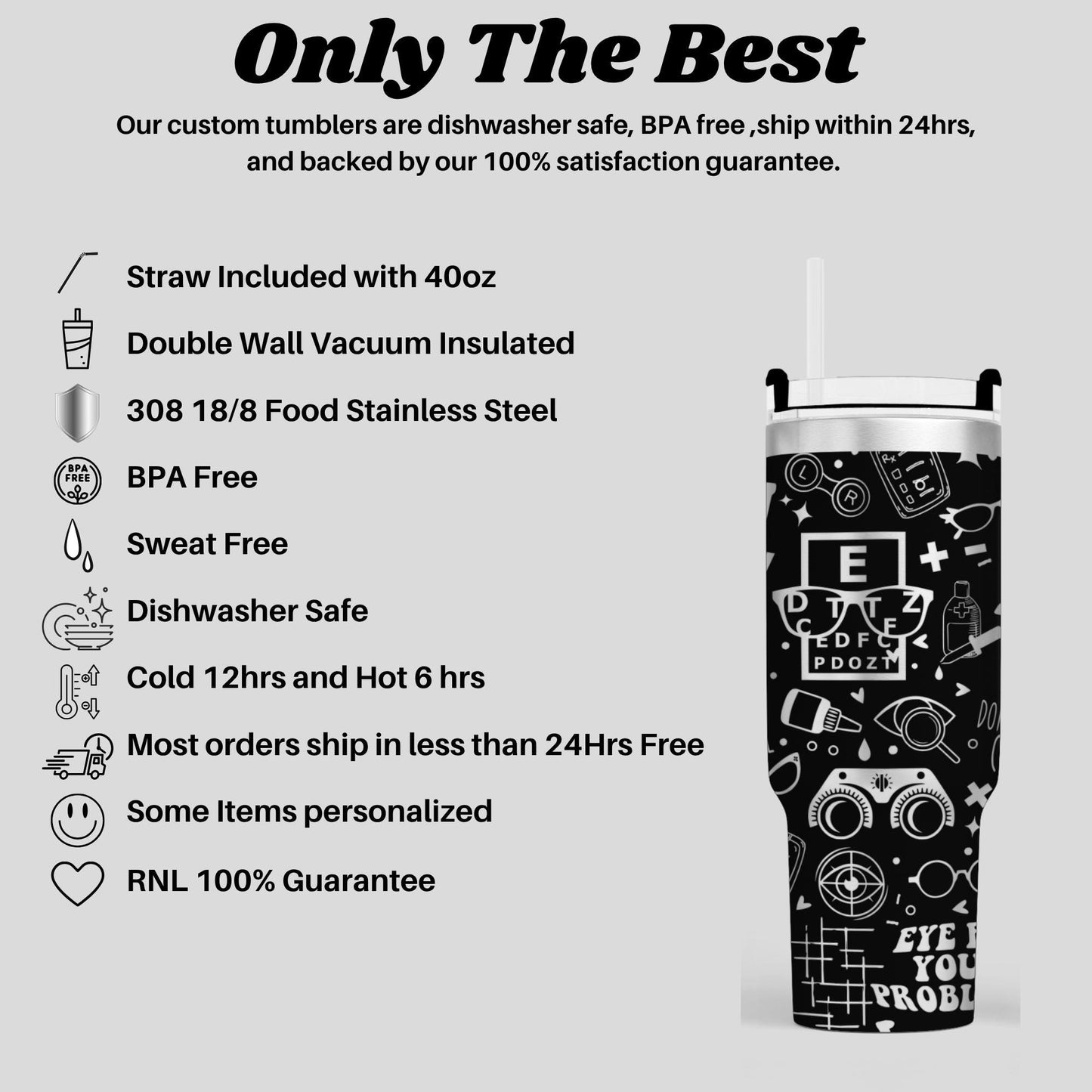 a stainless steel insulated tumbler with a straw, which is described as the "Only The Best". The tumbler is described as dishwasher safe, BPA free, and backed by a 100% satisfaction guarantee.