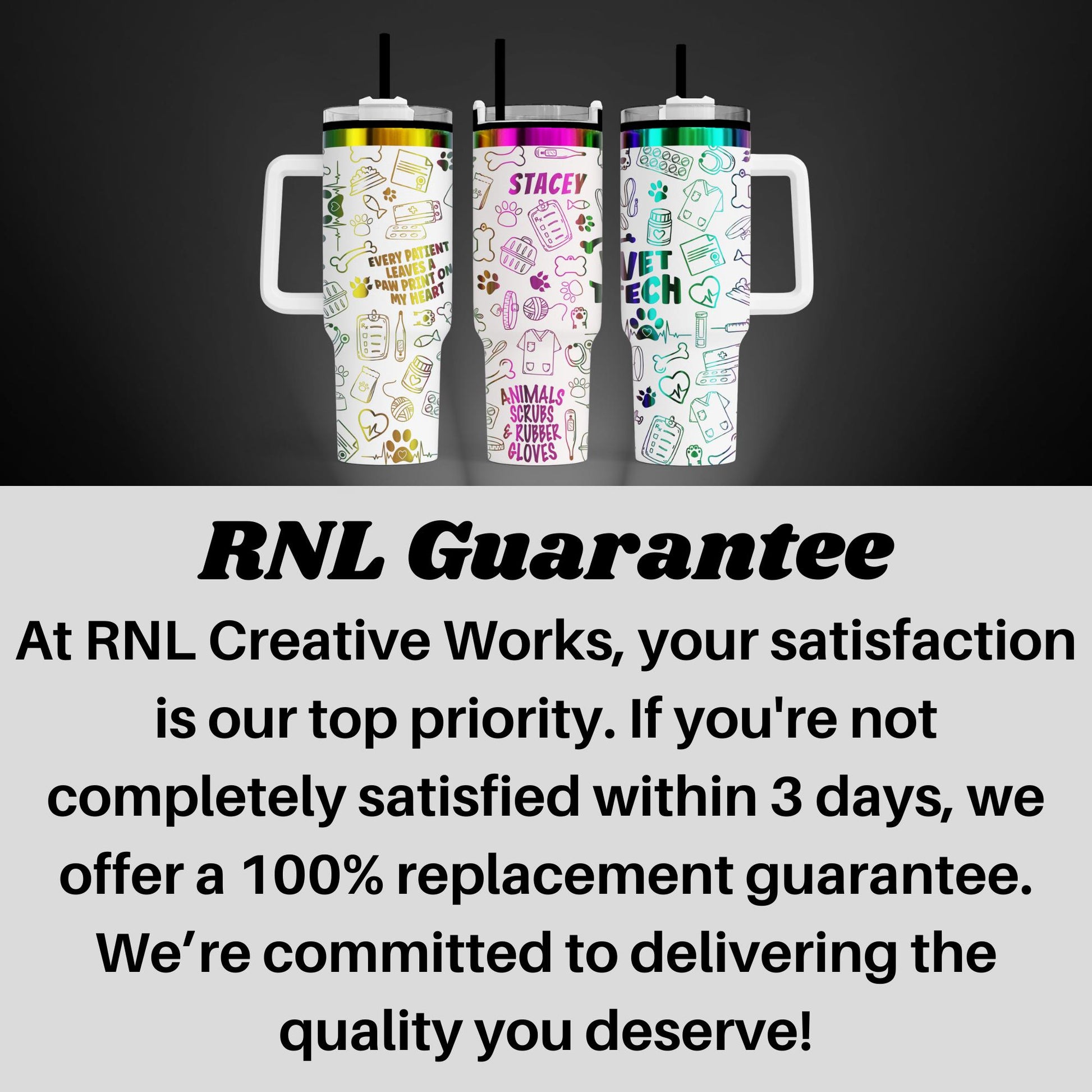 three colorful, patterned tumblers with handles, arranged in a row against a dark background.