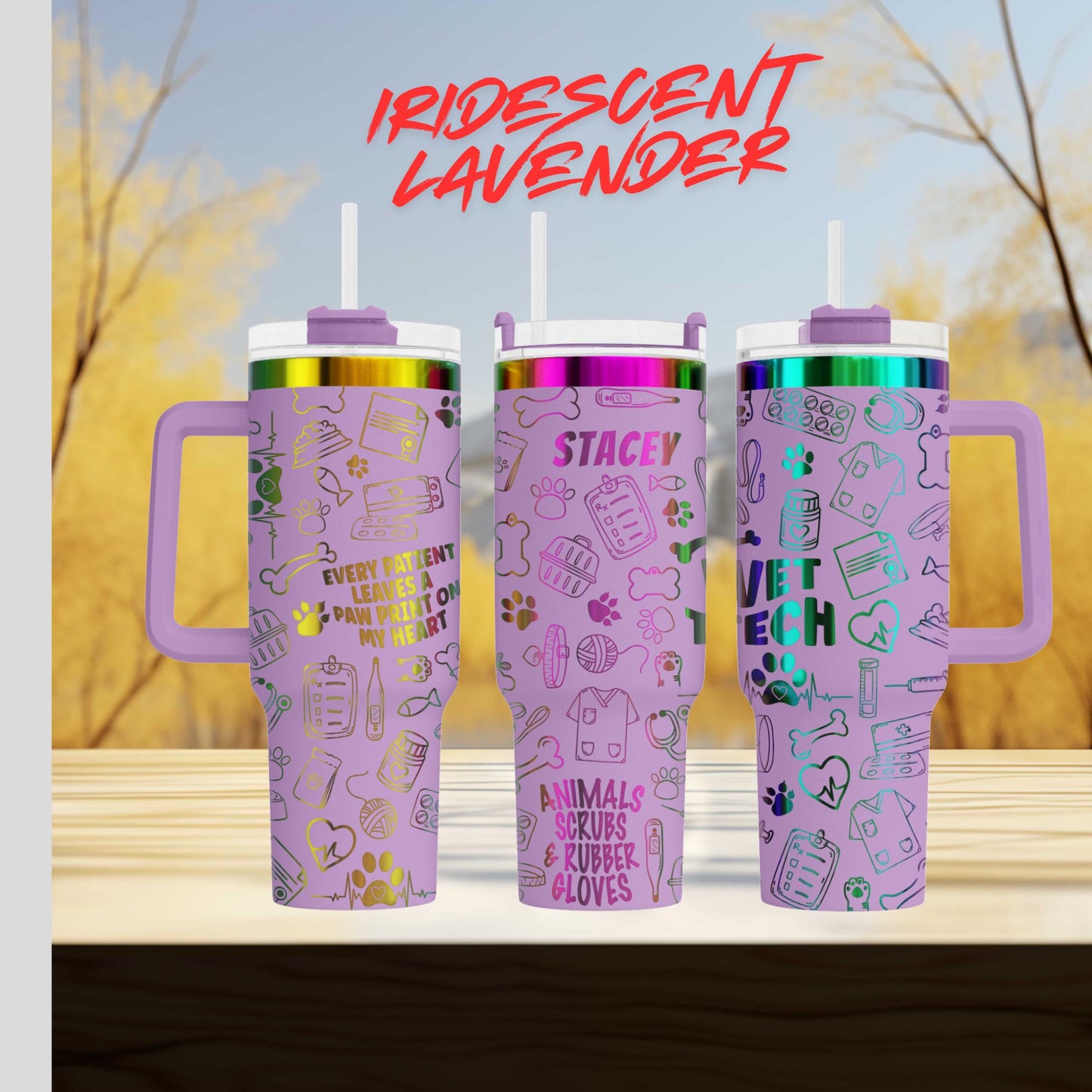 three colorful, patterned tumblers with purple handles, each with a unique design and text.