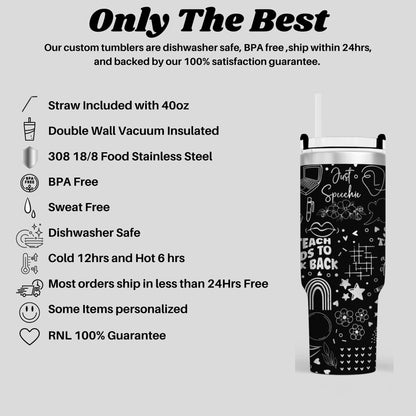 a stainless steel tumbler with a black and white design, including a straw, a double wall vacuum insulation, and a BPA-free design. The tumbler is described as dishwasher safe, sweat-free, and environmentally friendly. The image also includes a guarantee of 100% satisfaction and a 100% guarantee.