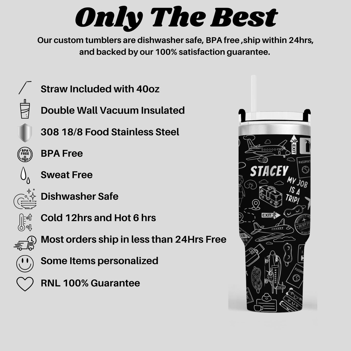 The image is a promotional image for a company that sells custom tumblers. It features a black and white image of a stainless steel tumbler with various features and information about the product.