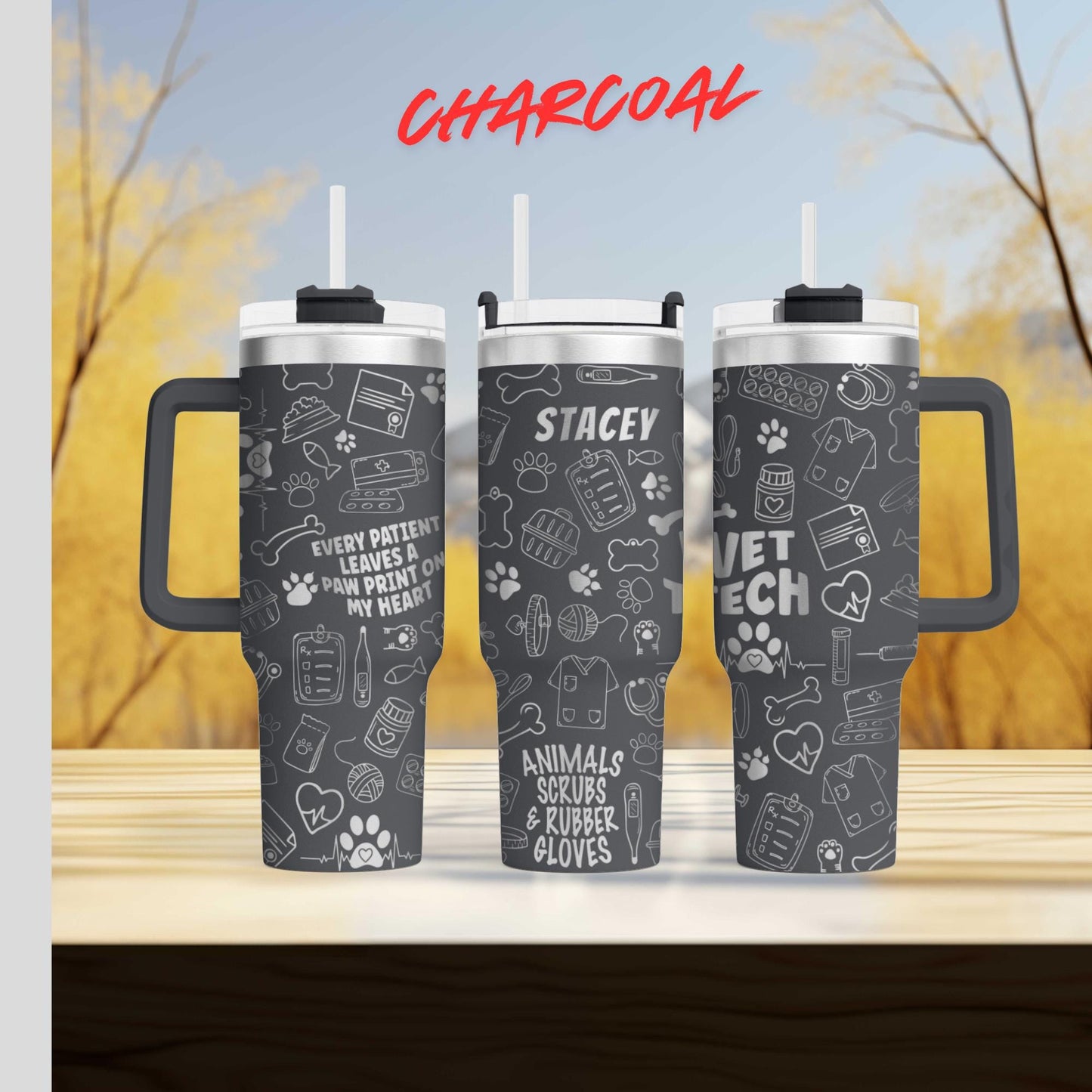 A black tumbler with a handle, featuring various veterinary-themed illustrations and text.
