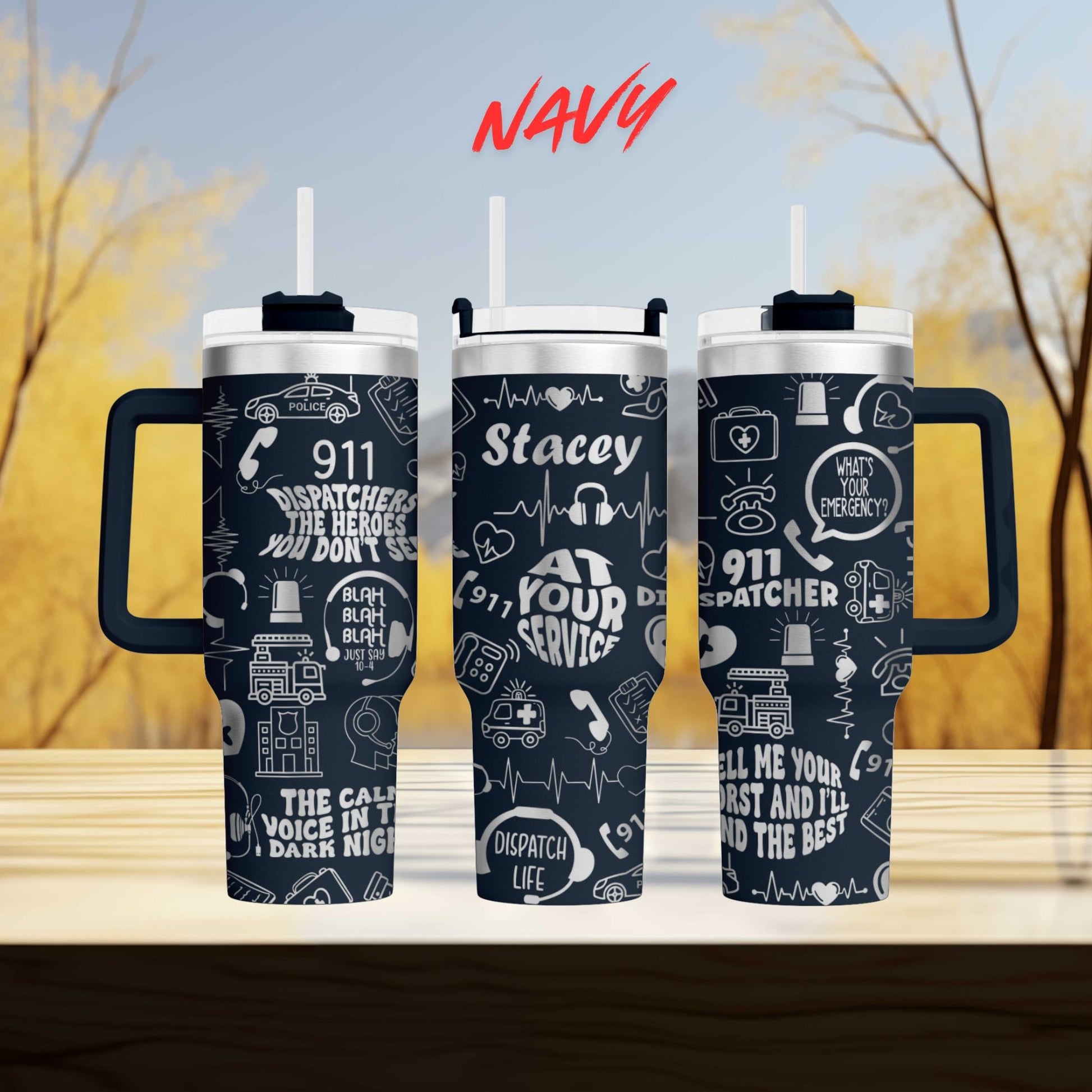 three black and white tumblers with various text and graphics printed on them.