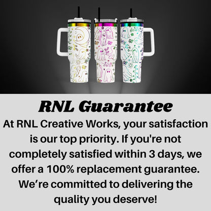 three colorful, patterned tumblers with handles, arranged in a row against a dark background.