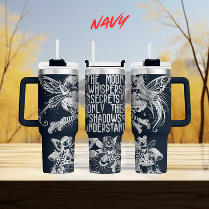 three black and white tumblers with intricate designs and text on them.