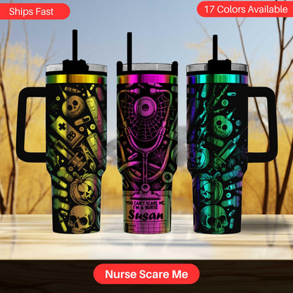 three colorful tumblers with various designs, including skulls, bats, and medical equipment, suggesting they are nurse-themed.