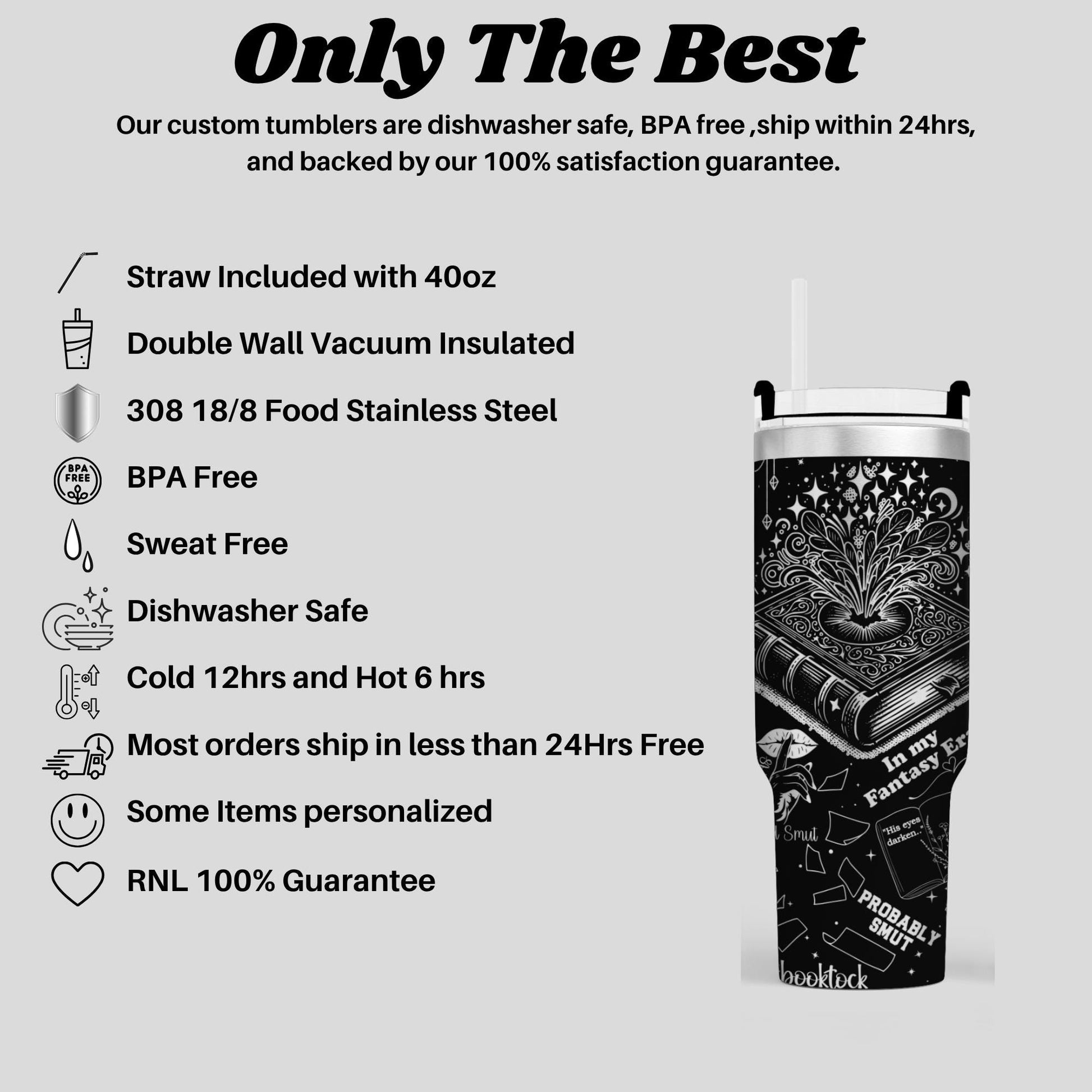 a black and white image of a stainless steel tumbler with various features and information about the product.