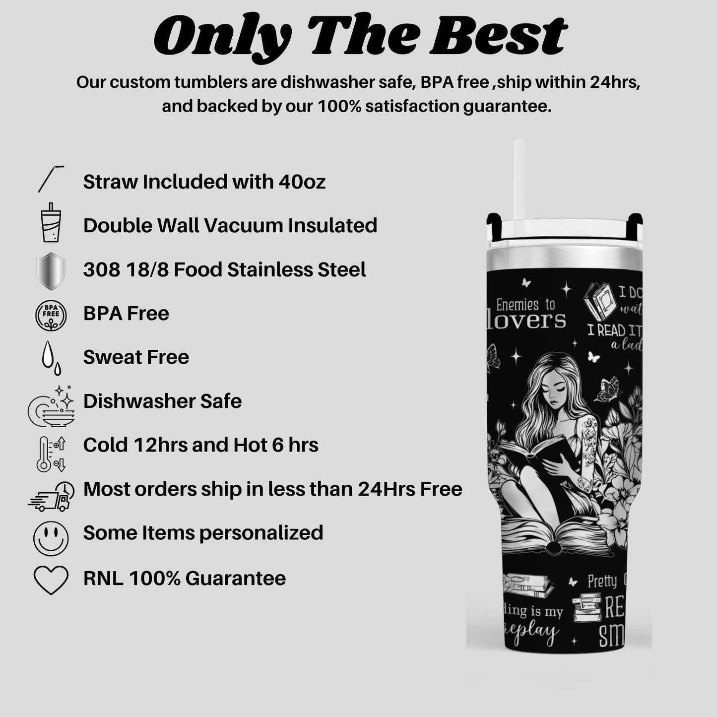 a stainless steel insulated tumbler with a black and white design, including a woman and various text elements. The tumbler is described as dishwasher safe, BPA free, sweat free, and has a 100% satisfaction guarantee.