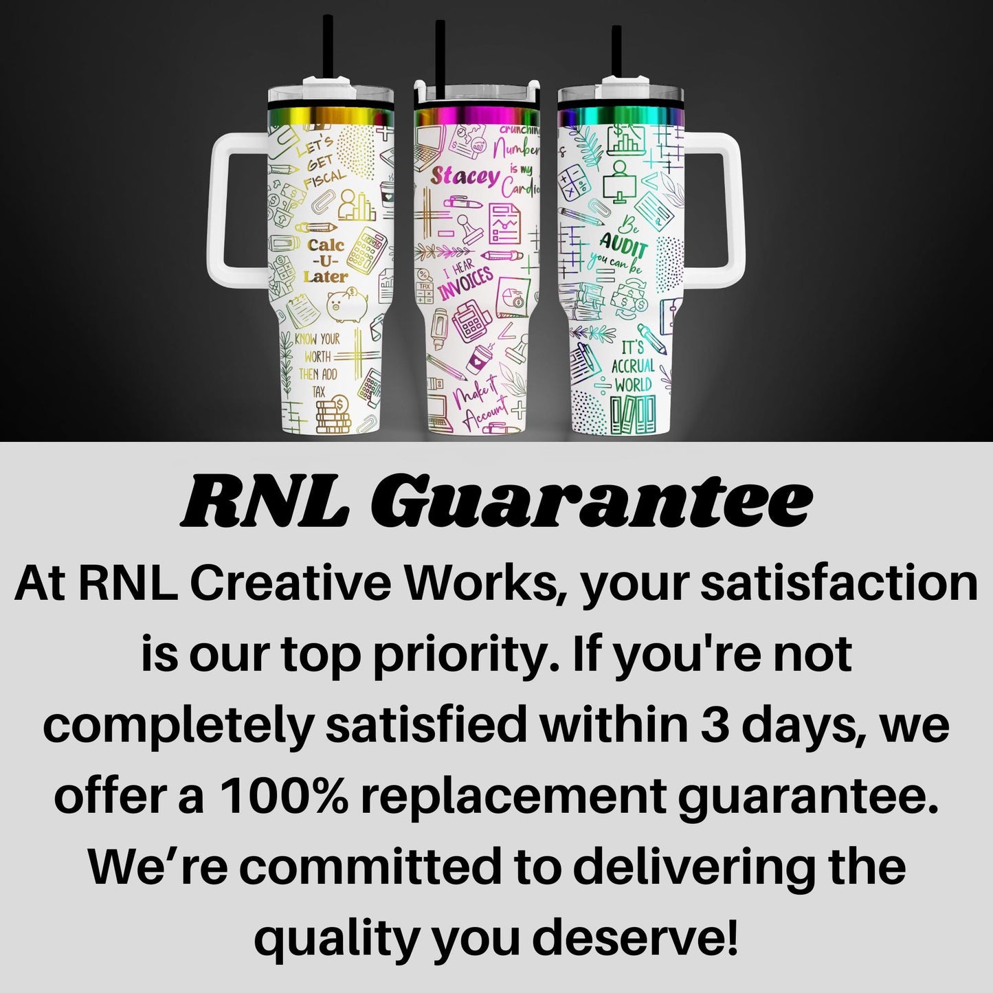 three colorful stainless steel tumblers with various designs and text on them, placed on a dark background.