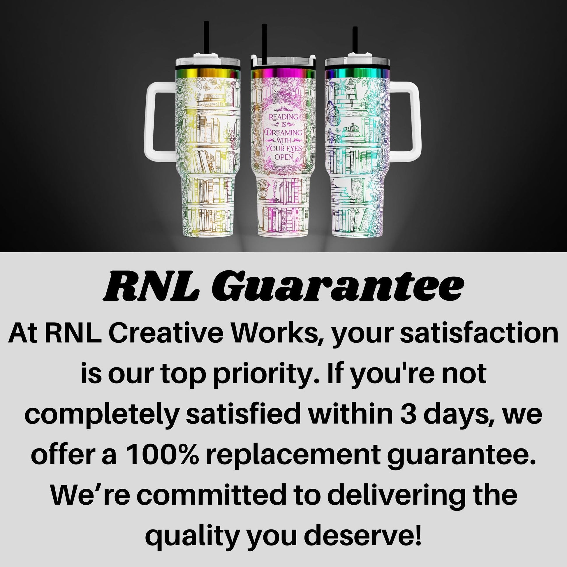 three colorful, patterned tumblers with handles, arranged in a row against a dark background.