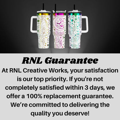 three colorful, patterned tumblers with handles, arranged in a row against a dark background.