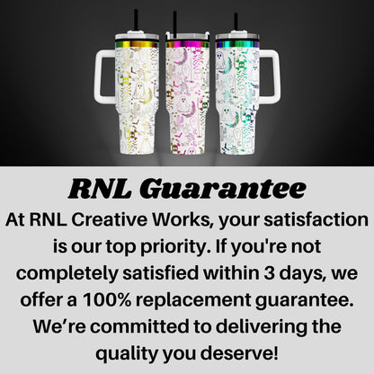 three colorful, patterned tumblers with handles, arranged in a row against a dark background.