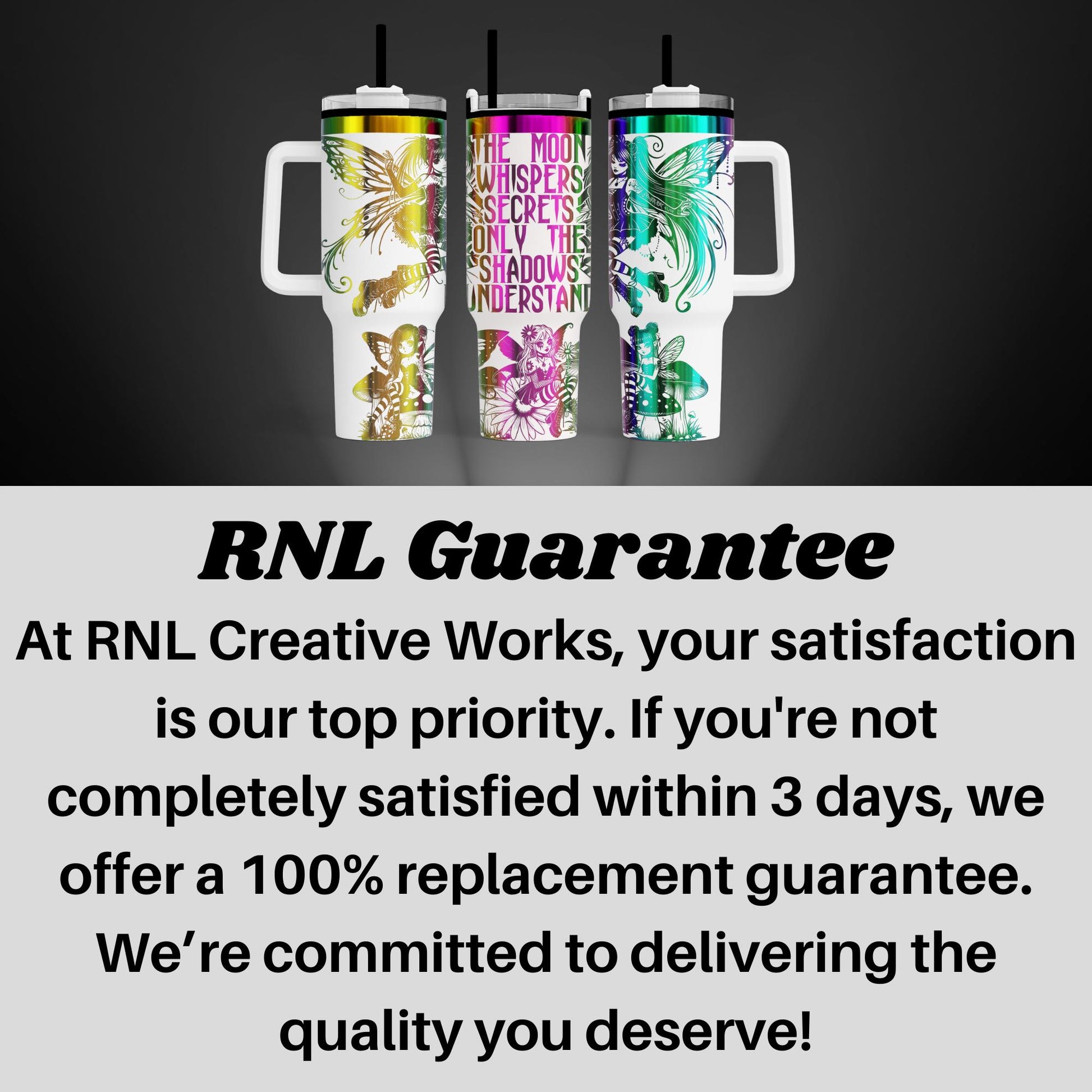 three colorful, patterned mugs with handles, arranged in a row against a dark background.