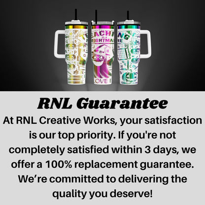 three colorful, patterned tumblers with handles, arranged in a row against a dark background.