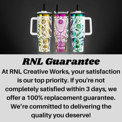 three colorful, patterned tumblers with handles, arranged in a row against a dark background.