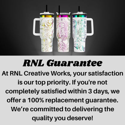 three colorful, patterned insulated tumblers with handles, arranged in a row against a dark background.