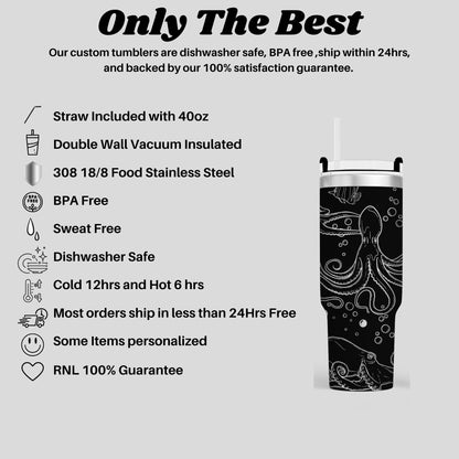a stainless steel tumbler with an octopus design, highlighting its features such as being dishwasher safe, BPA free, sweat free, and having a 100% satisfaction guarantee.
