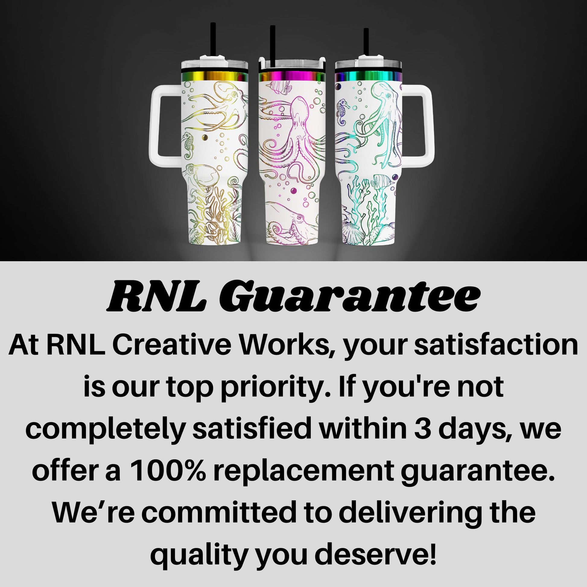 three colorful, patterned stainless steel tumblers with handles, arranged in a row against a dark background.