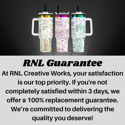 three colorful, patterned stainless steel tumblers with handles, arranged in a row against a dark background.