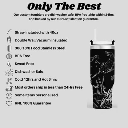 a black and white image of a stainless steel tumbler with a straw, along with various descriptions of the tumbler's features, such as its stainless steel construction, BPA-free design, and the inclusion of a straw.