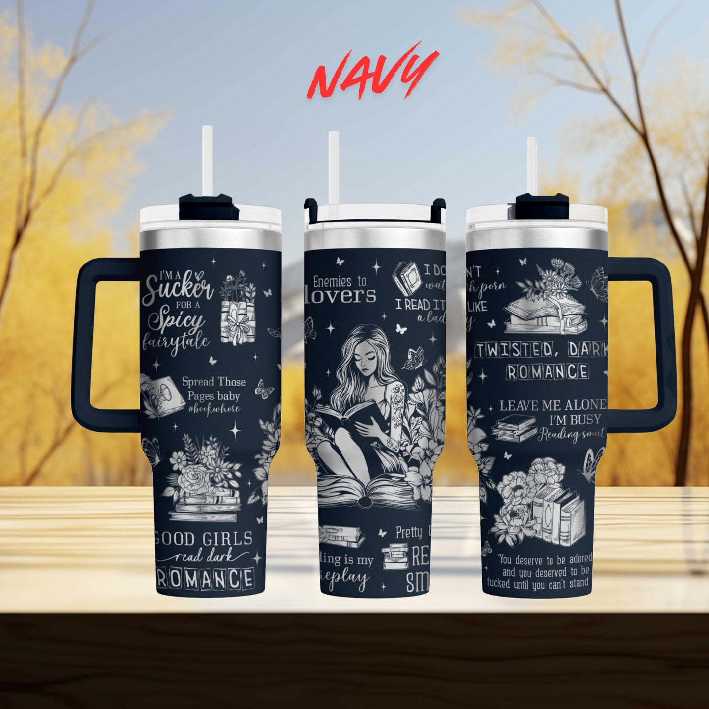 three black and white tumblers with various text and illustrations printed on them.