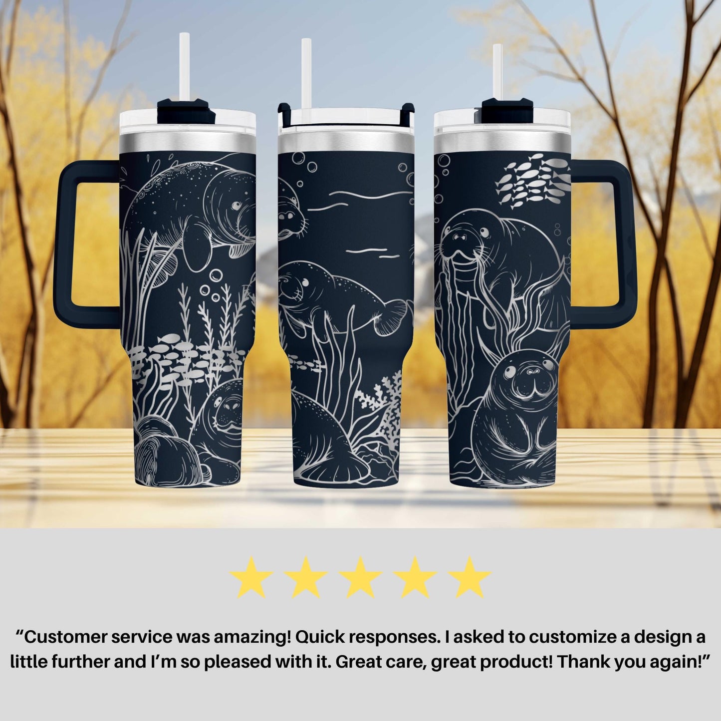 three black and white tumblers with illustrations of sea animals, such as manatees, on them. The tumblers have handles and straws, and there is a 5-star rating and a customer review below the image.