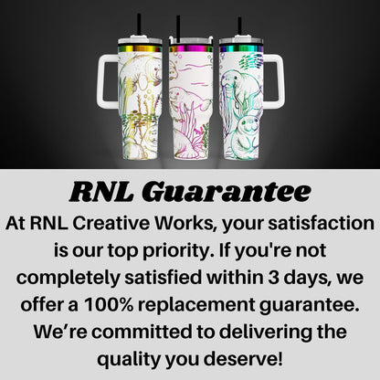 three colorful, patterned tumblers with handles, arranged in a row against a dark background.