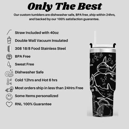 a black and white image of a stainless steel tumbler with a straw, along with various descriptions of the tumbler's features, such as its stainless steel construction, BPA-free design, and the inclusion of a straw.