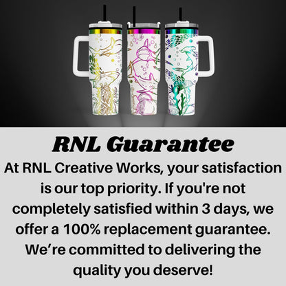 three colorful, patterned travel mugs with handles, arranged in a row. The text overlay provides information about the guarantee offered by RNL Creative Works, emphasizing that the satisfaction of the customer is their top priority, and that if the customer is not completely satisfied within 3 days, they can receive a 100% replacement guarantee. The text also states that the company is committed to delivering the quality the customer desires.