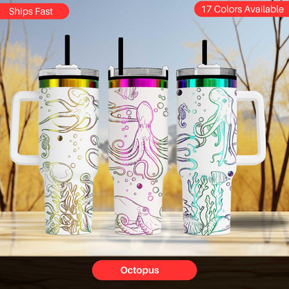 three colorful, patterned tumblers with designs of octopuses and bubbles. The tumblers are arranged in a row, showcasing the variety of colors and designs available.