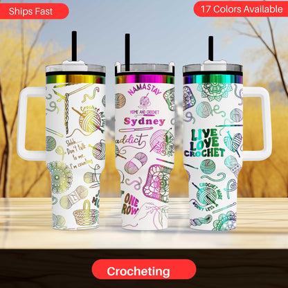 three colorful crocheting-themed tumblers, each with a unique design and color scheme.