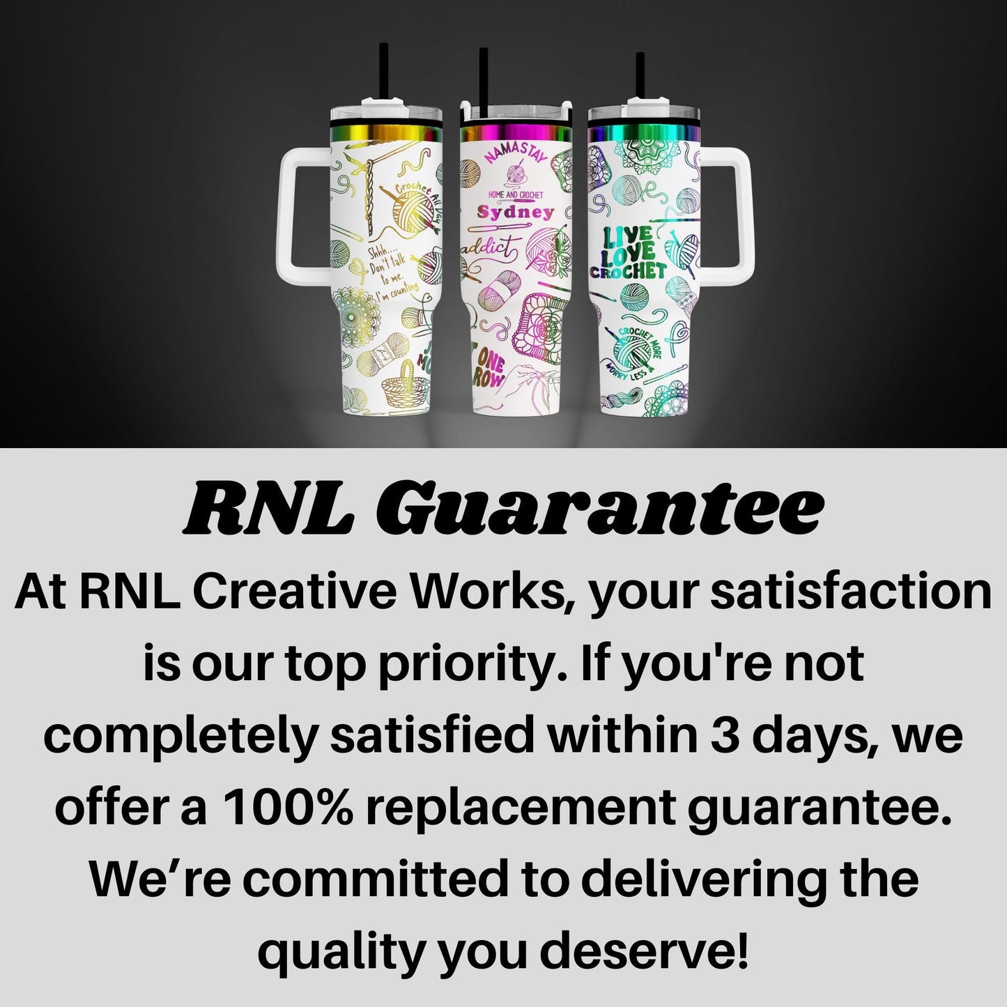 three colorful, patterned tumblers with handles, arranged in a row against a dark background.