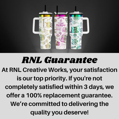 three colorful, patterned tumblers with handles, arranged in a row against a dark background.