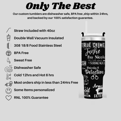 The image is a promotional image for a company that sells custom tumblers. It features a close-up of a stainless steel tumbler with various features and benefits listed, such as a straw included with a 400oz capacity, a double wall vacuum insulated, and a BPA free design. The image also highlights that the company's custom tumblers are dishwasher safe, BPA free, and backed by a 100% satisfaction guarantee.
