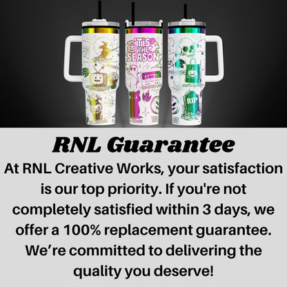 three colorful, patterned tumblers with various designs and text, including a guarantee for the quality of the products.