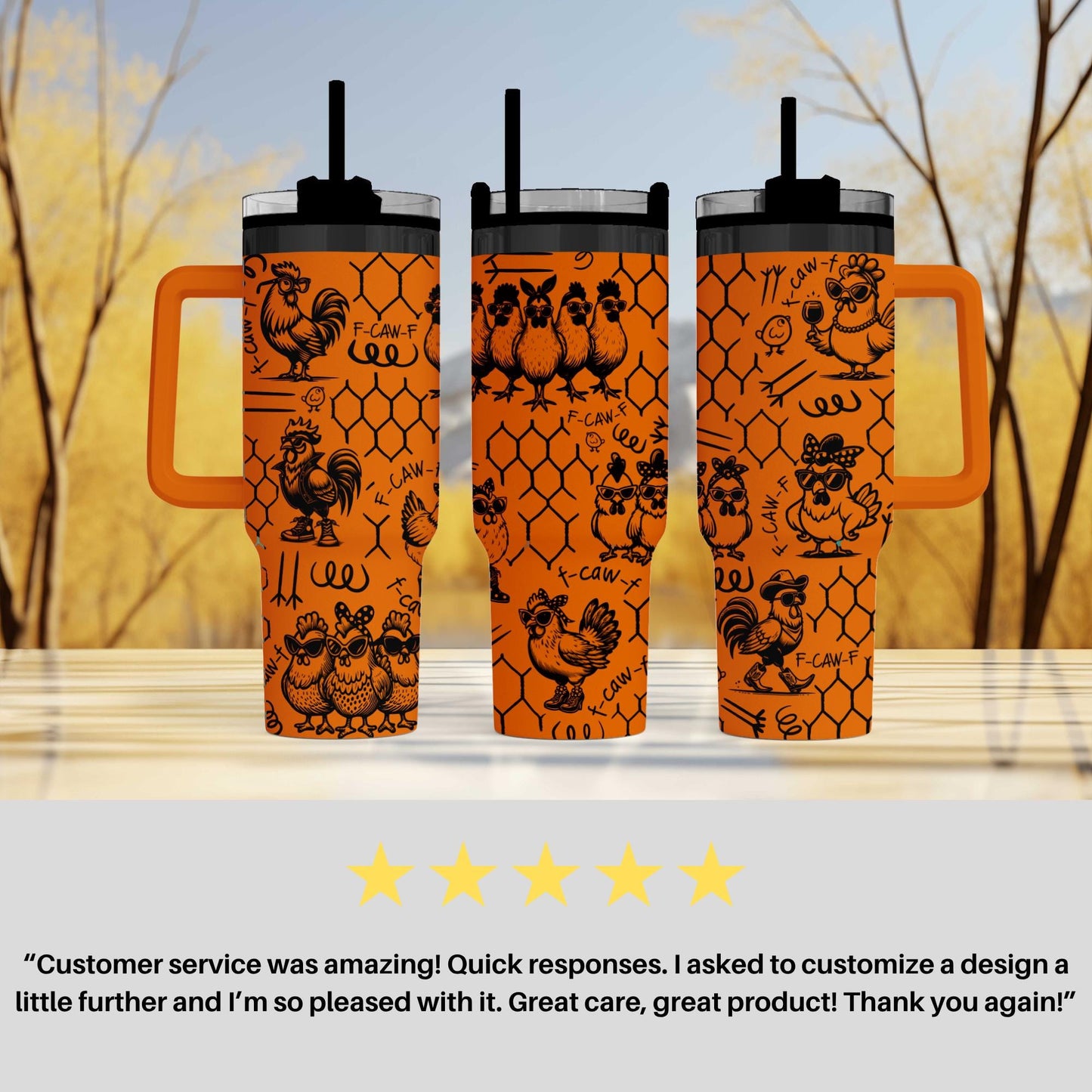 Funny Chicken 40oz Tumbler, F-CAW-F Engraved Cup, Farmhouse Gift, Insulated Travel Mug with Handle, Custom Barnyard Drinkware