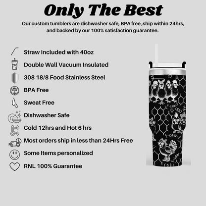 a stainless steel tumbler with a black and white design, including a straw, a double wall vacuum insulated, and a BPA free lid. The tumbler is described as dishwasher safe, sweat free, and environmentally friendly. The image also includes a guarantee of 100% satisfaction and a 100% guarantee.